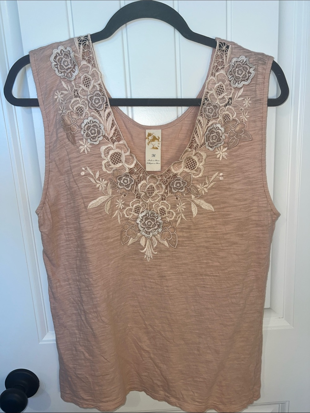 Anthropologie Blush Pink Embroidered V-Neck Tank Top